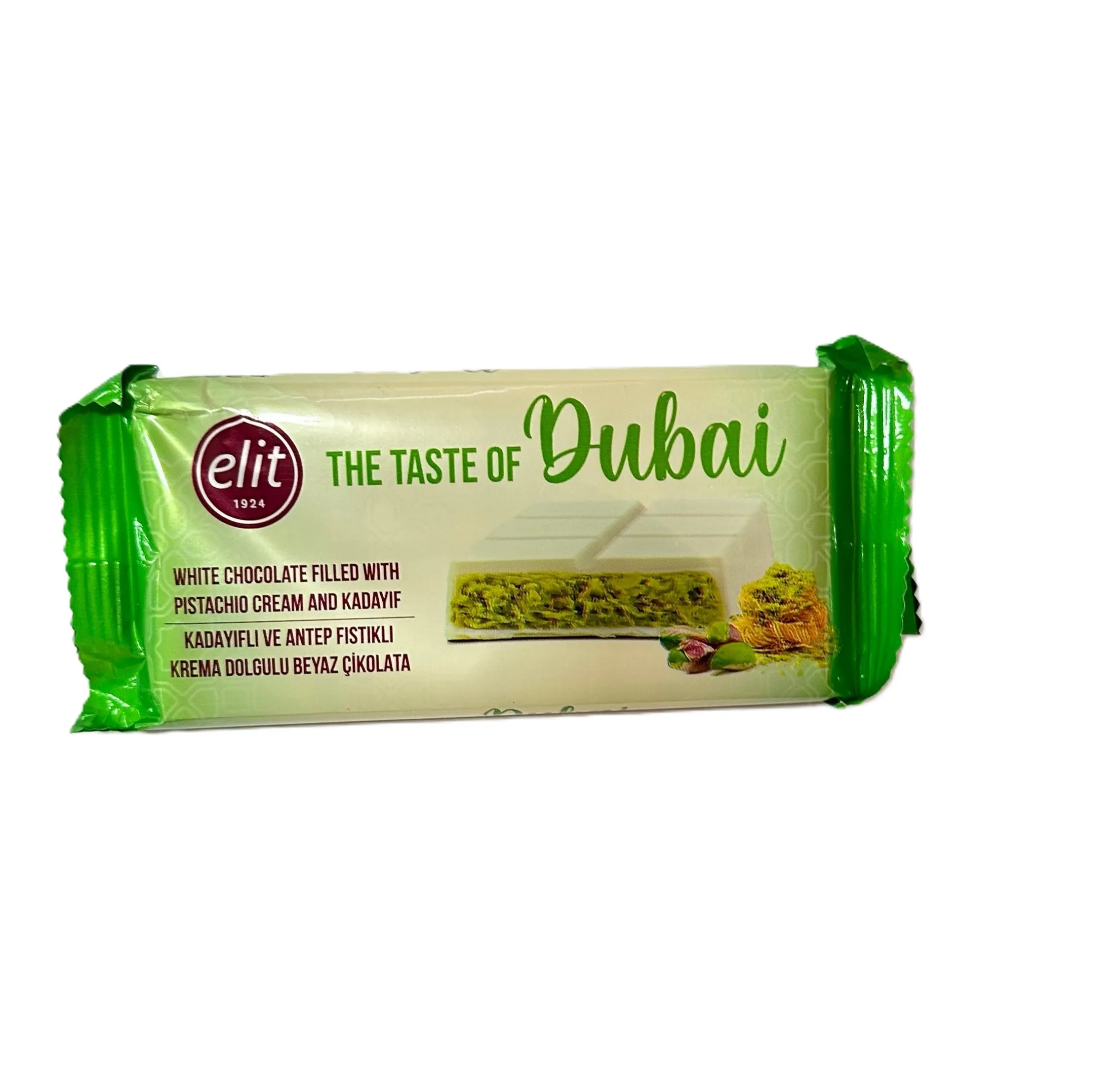 Elit Kadayif kunafah en Antep Pistachecreme Gevulde Dubai chocolade Reep Wit 90gr