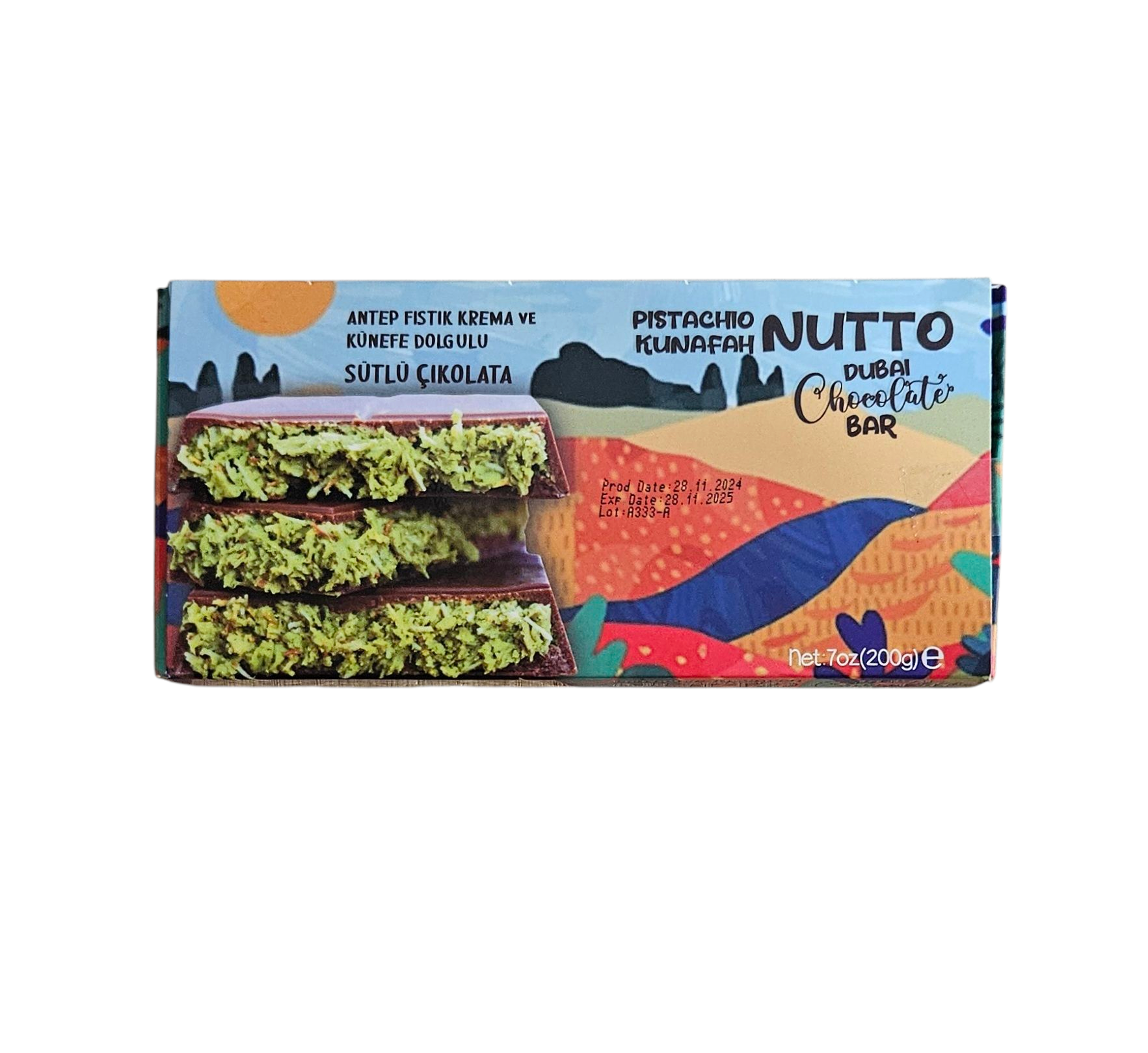 Nutto Dubai Reep Chocolade Melkchocolade Gevuld met Knapperige Kadayif en Pistachepasta 200 gr - Afbeelding 2