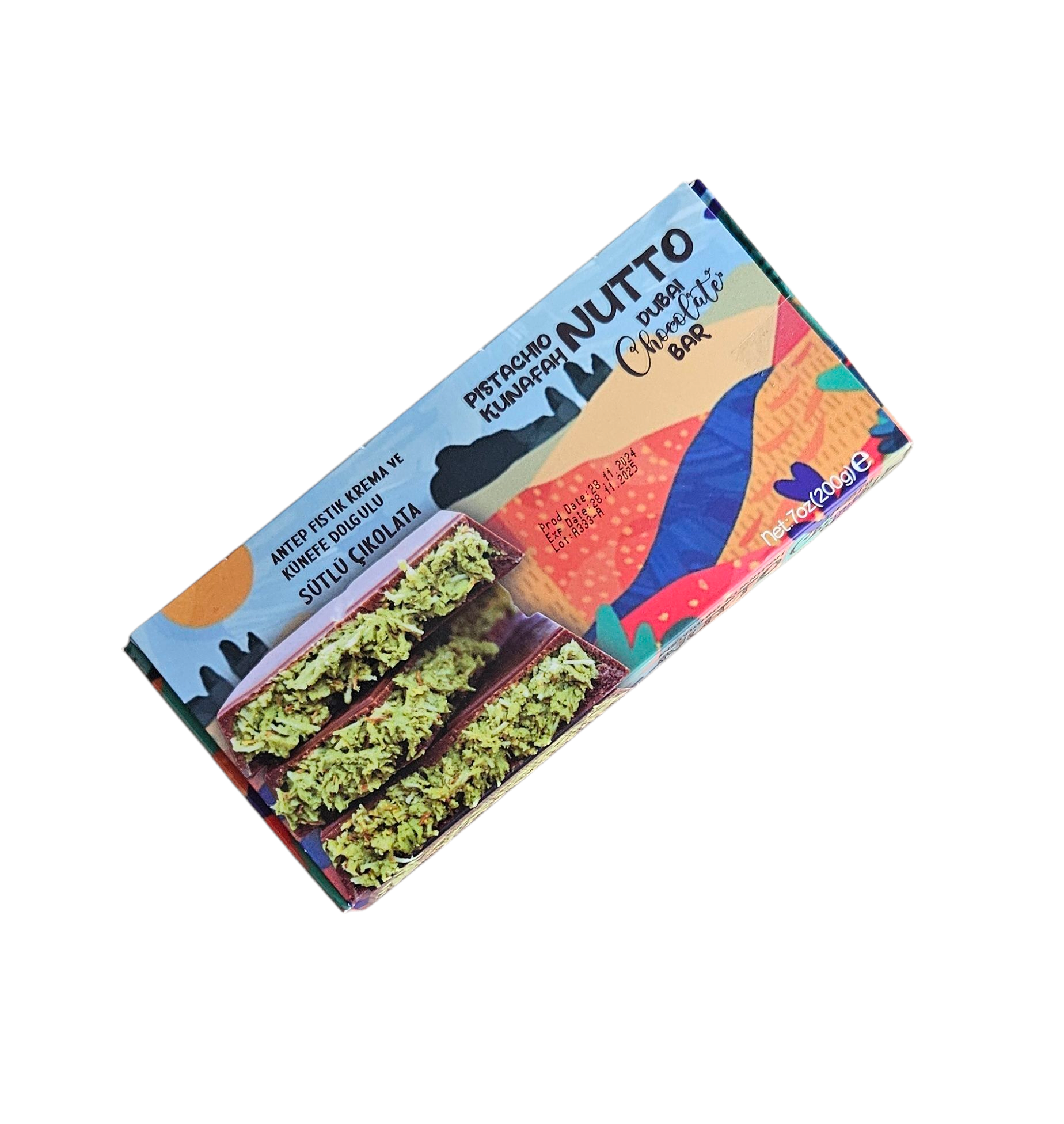 Nutto Dubai Reep Chocolade Melkchocolade Gevuld met Knapperige Kadayif en Pistachepasta 200 gr